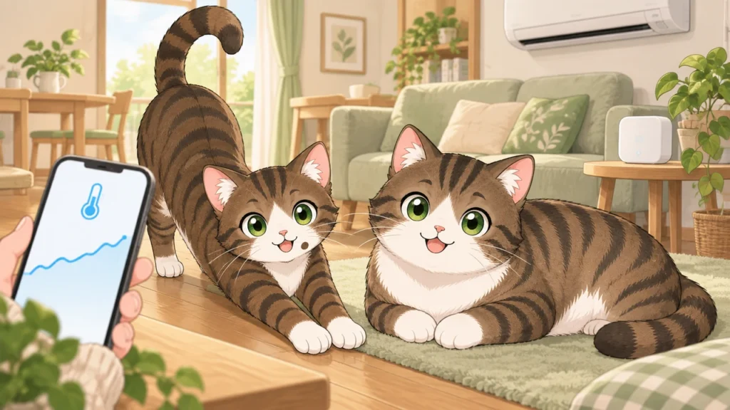 スマホで室温グラフを確認する飼い主と、くつろぐ猫2匹のイラスト