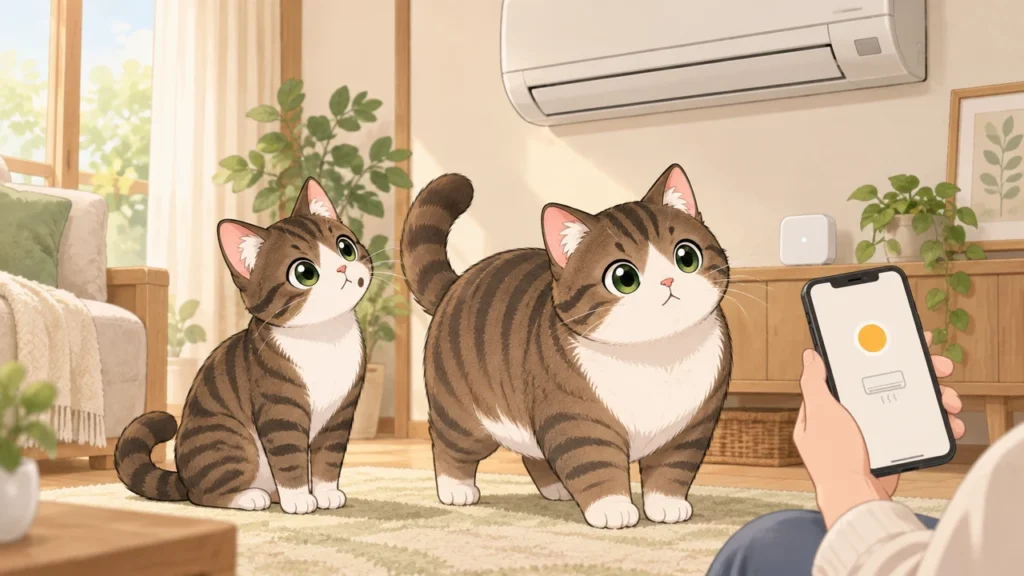 スマホでエアコンを操作する飼い主と、エアコンを見上げる猫2匹のイラスト