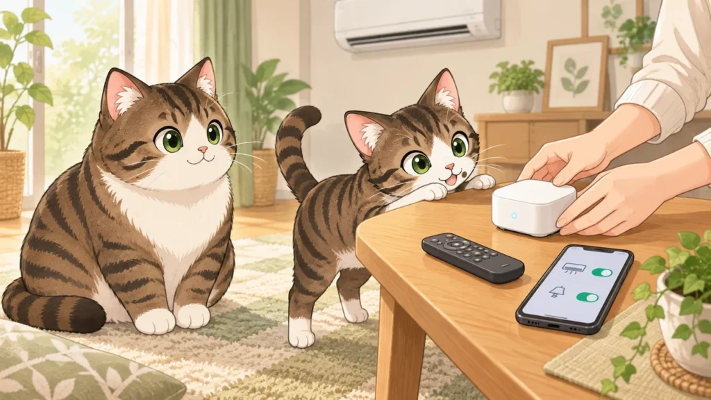 リモコンとスマホでSwitchBot ハブ2を設定する飼い主と猫のイラスト