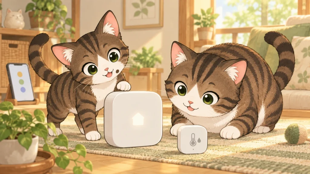 SwitchBot ハブ2と温湿度計のそばで遊ぶ猫2匹のイラスト