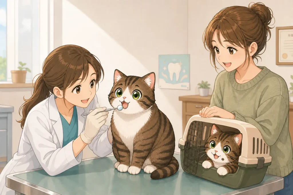動物病院で獣医師が猫の口の中を診察している様子