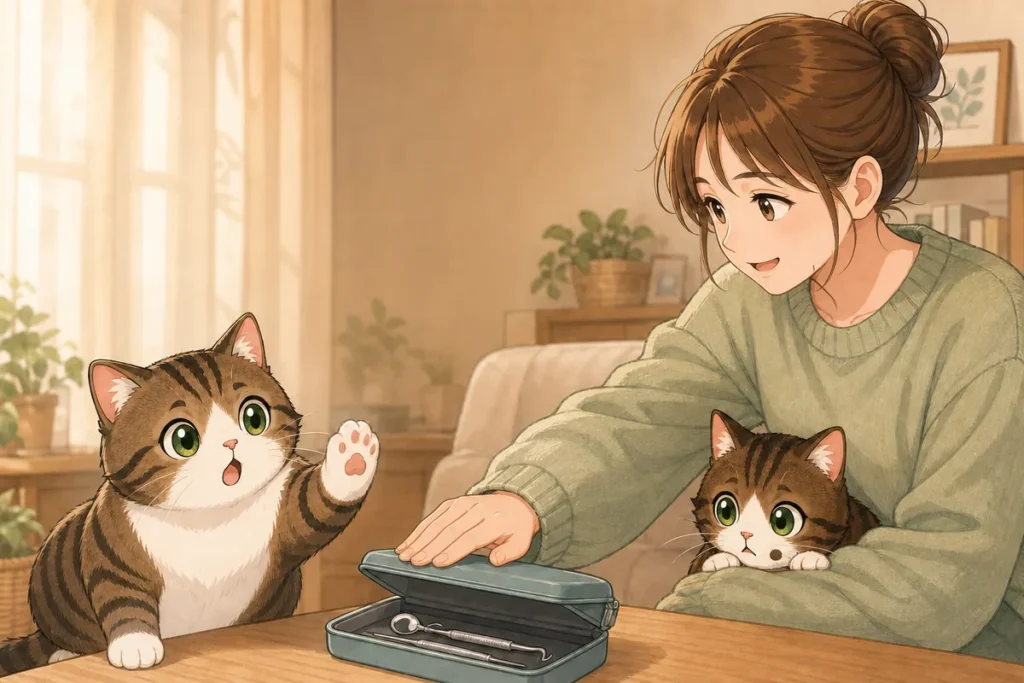 飼い主が歯石取り器具に手を伸ばし、猫が前足を上げて止めている様子