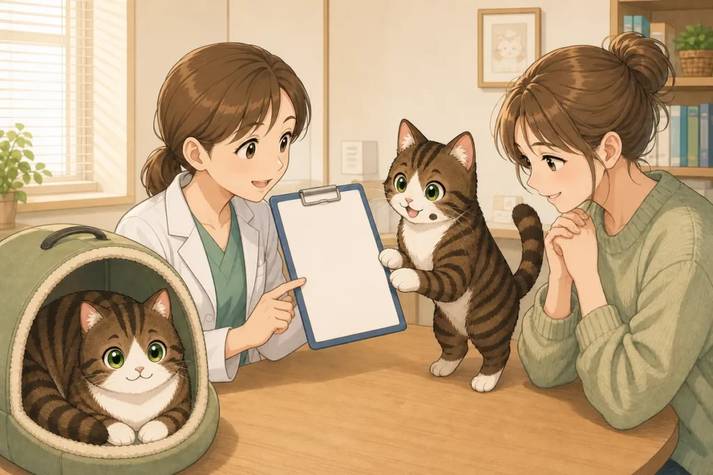 獣医師が飼い主に歯石除去の費用と全身麻酔について説明している様子