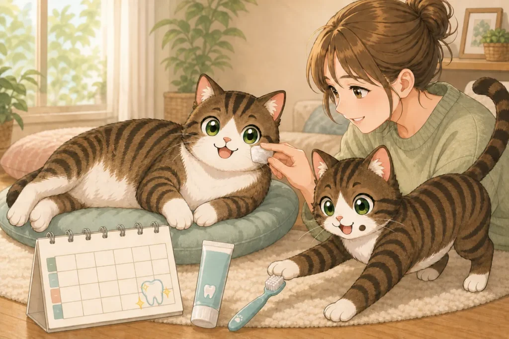 カレンダーとデンタルケア用品を横に、飼い主が猫の口元にふれて歯みがきの練習をしている様子