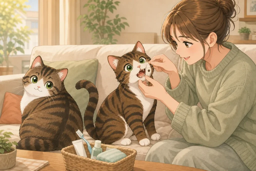 飼い主が2匹の猫の口の中をのぞきこみ、歯石がついていないか確認している様子