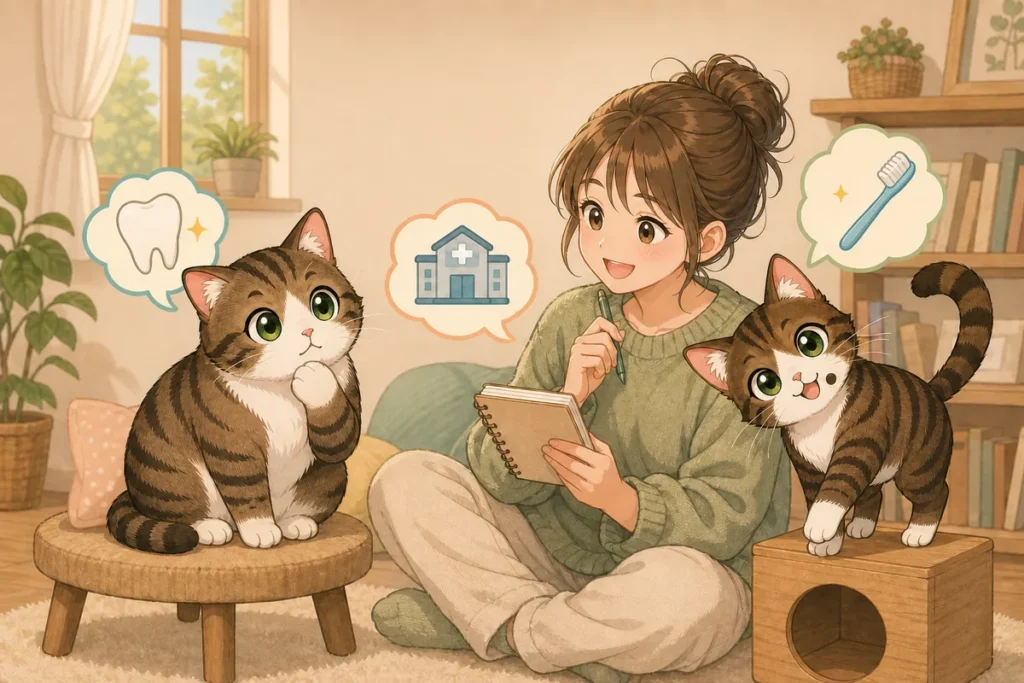 猫の歯や動物病院、歯ブラシを思い浮かべながら疑問を書き出している飼い主と猫
