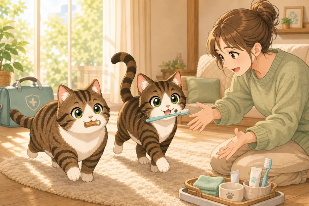 歯ブラシをくわえた猫と、デンタルケア用品を用意して見守る飼い主