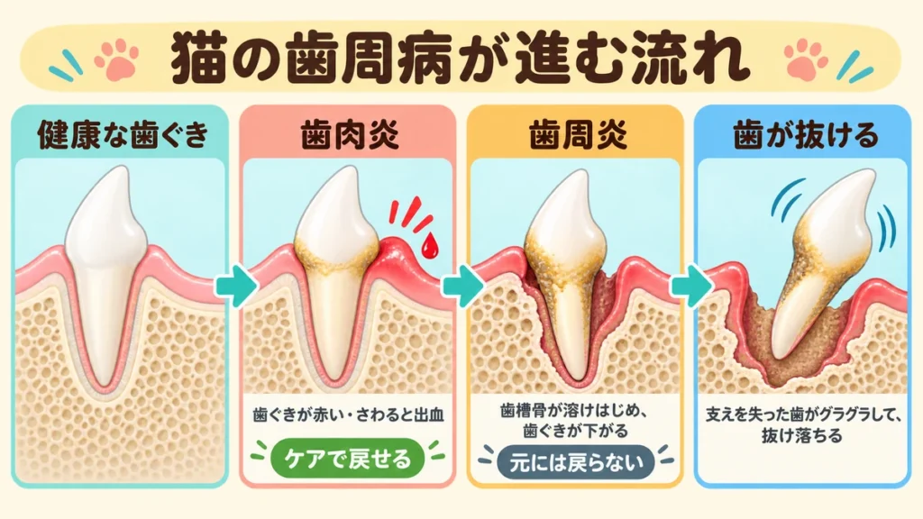 猫の歯周病が進む流れの図解。健康な歯ぐきから歯肉炎、歯周炎、歯が抜けるまでの4段階