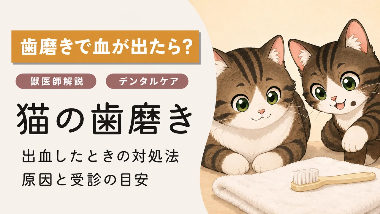 猫の歯磨きで血が出たときの対処法・原因・受診の目安。歯ブラシのそばにいる2匹の猫のイラスト